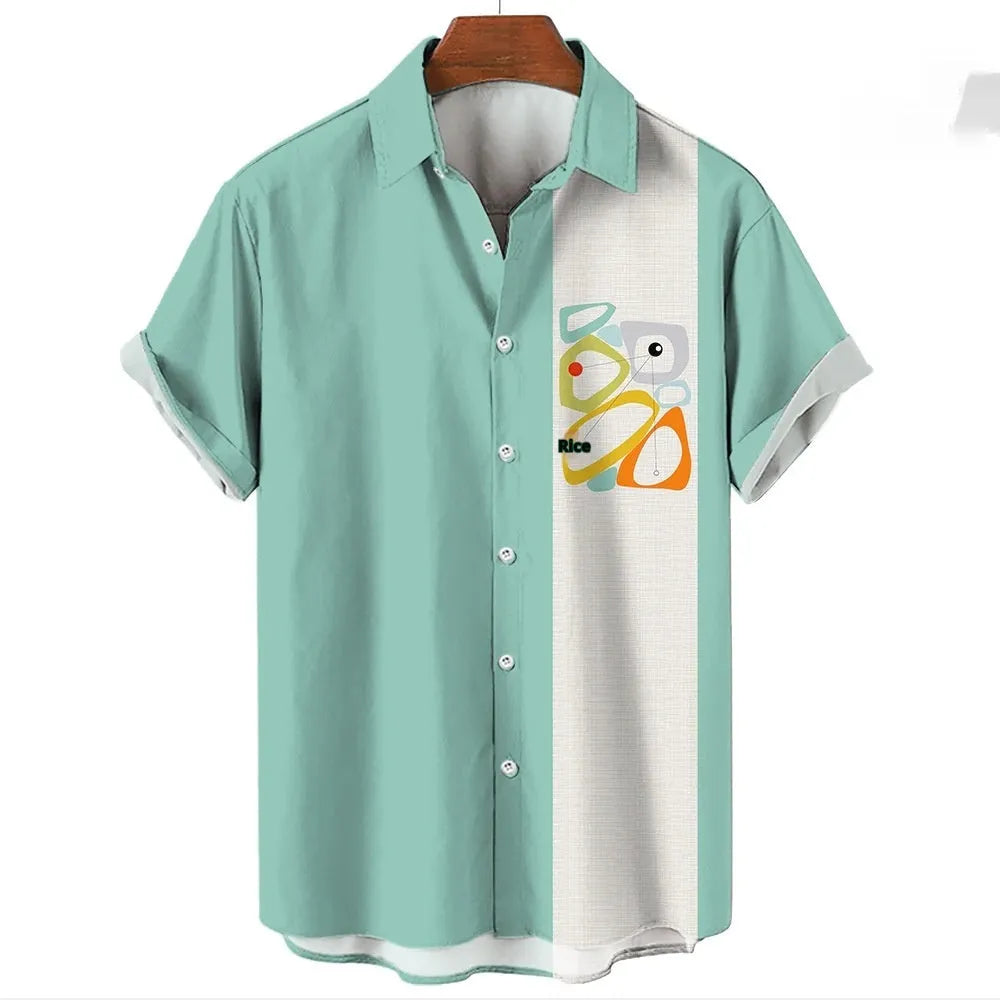 Men's striped Hawaiian shirt with button front and short sleeves in elastic fabric