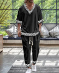 Cropped sleeves v-neck trousers suit in thin polyester fabric with coordinating jacket and trousers