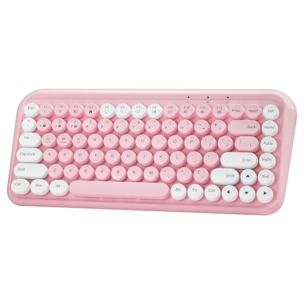 Pink wireless Bluetooth keyboard with 84 keys measuring 339mm wide