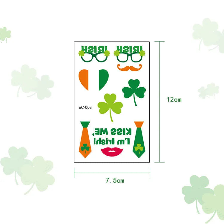 Irish festival temporary tattoo sticker with St. Patrick's Day clover design measuring 120 by 75mm