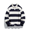 Man's striped polo shirt with lapel collar in loose fit, shown in sapphire blue colour.