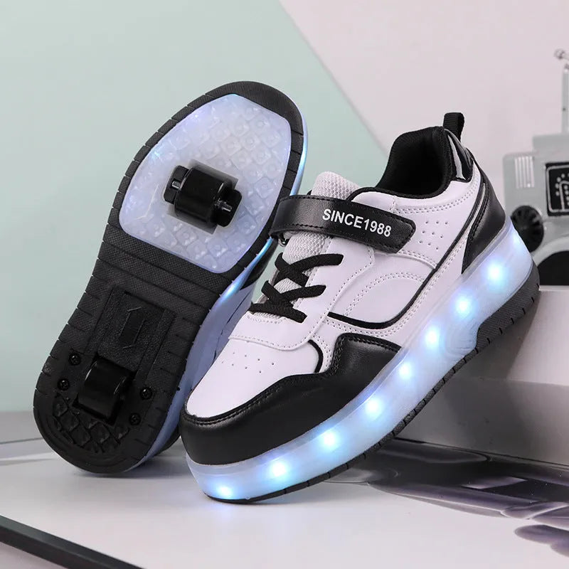Electric roller skates with USB charging port in pink, white, black, or purple colours