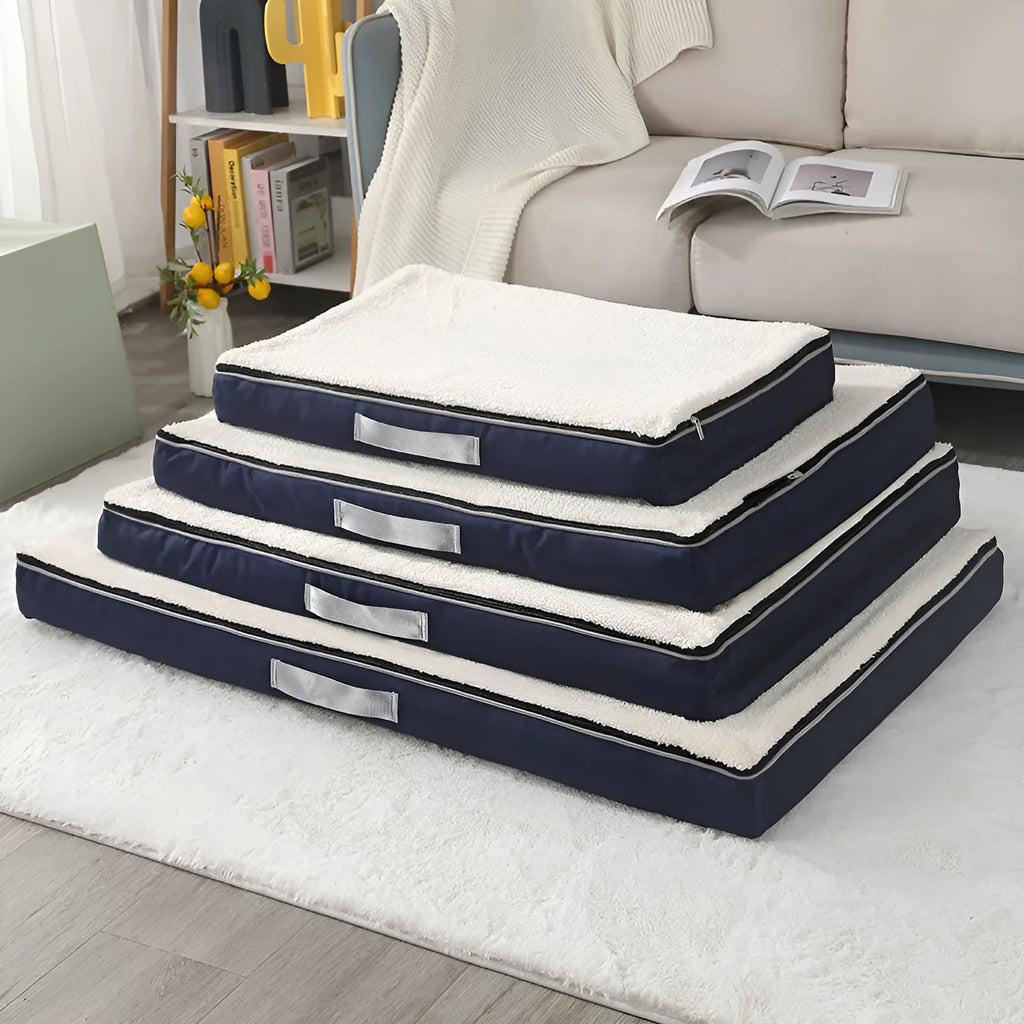 Removable cover memory foam dog mat in brown, shown in a 100x75cm size.