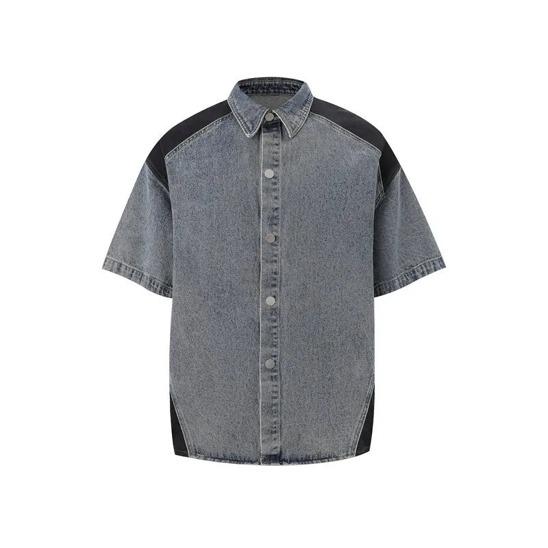 Personalised retro washed denim suit set with short-sleeved jacket and matching trousers.