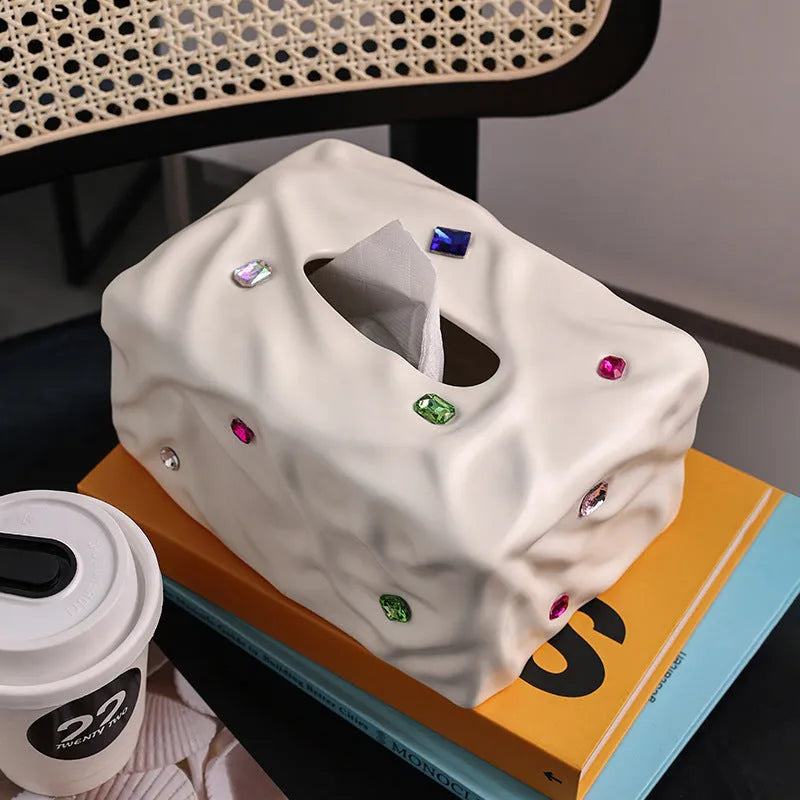 Ceramic tissue box with gem party decoration in matte coconut milk white colour