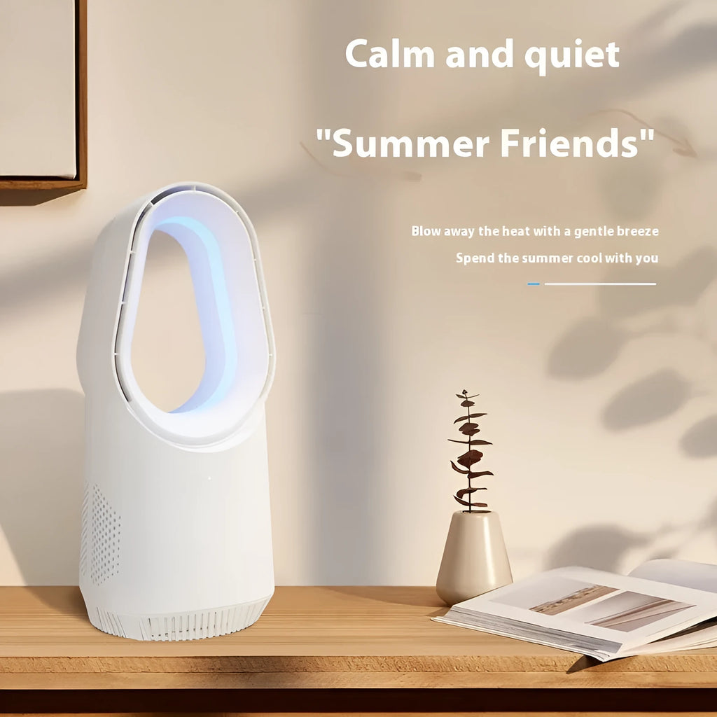 SK bladeless tower fan in white colour with remote control on wooden floor