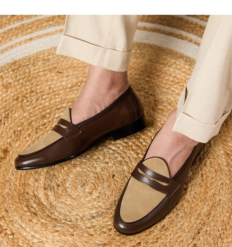 Coffee grey suede Belgian loafers with a slip-on design and rubber sole.