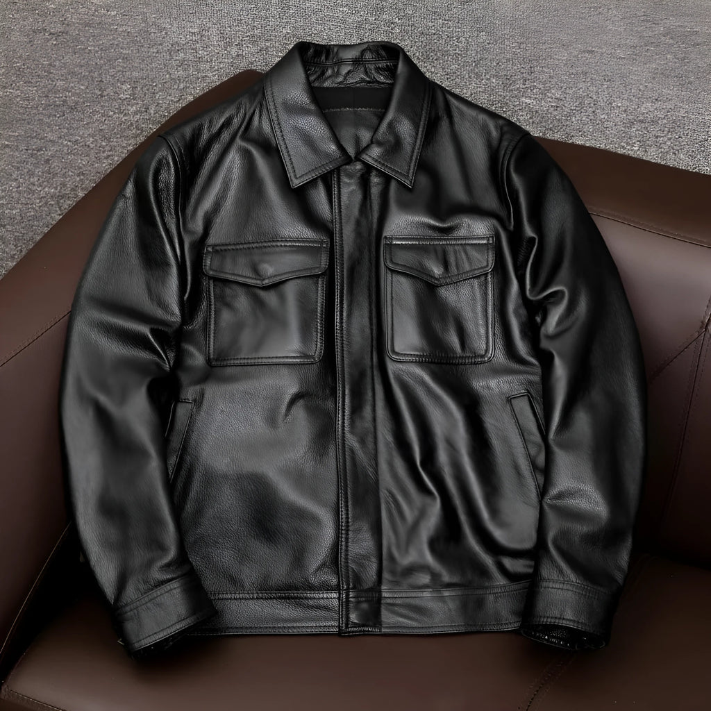 Leather pattern lapel jacket in loose fit with side seam pockets for men