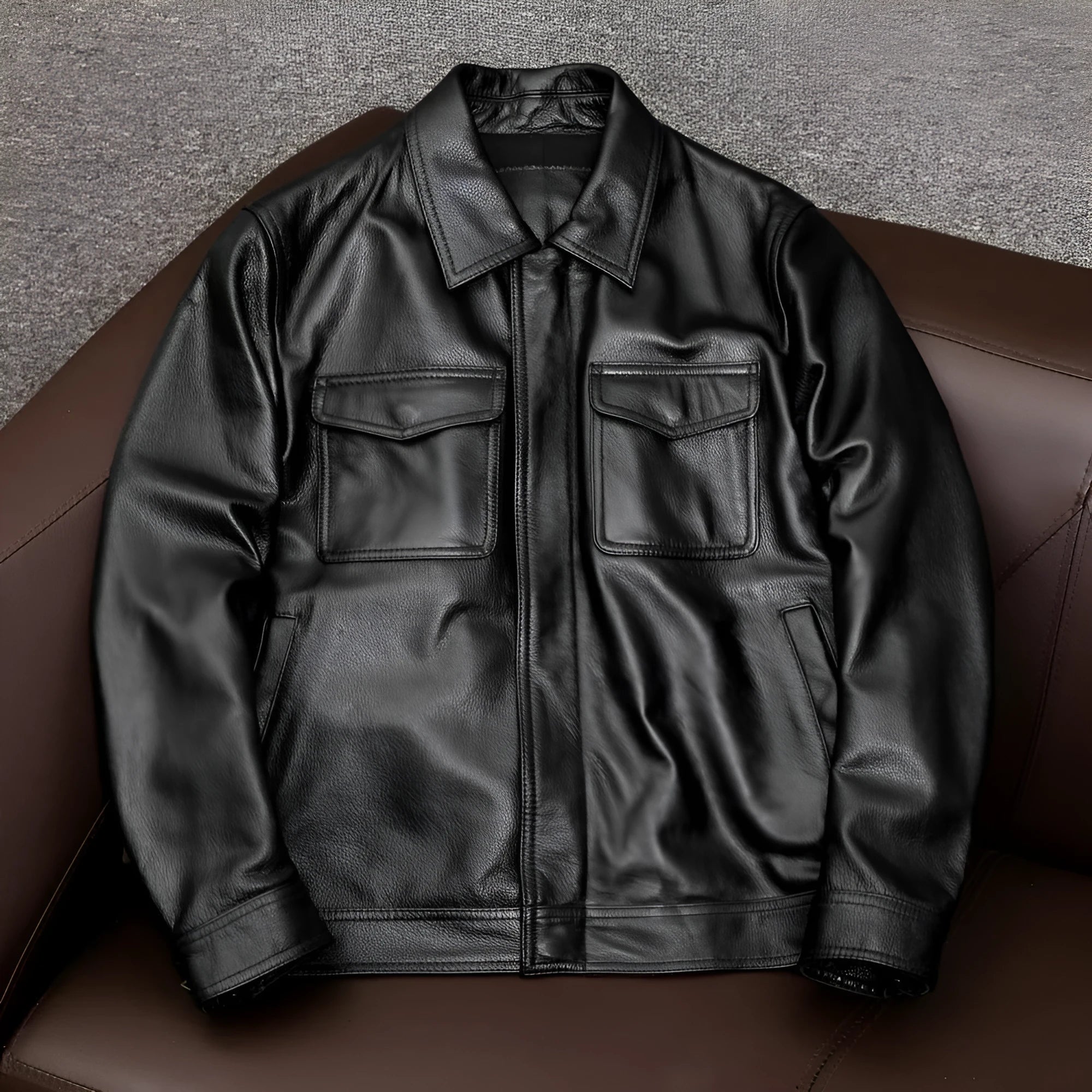 Leather pattern lapel jacket in loose fit with side seam pockets for men
