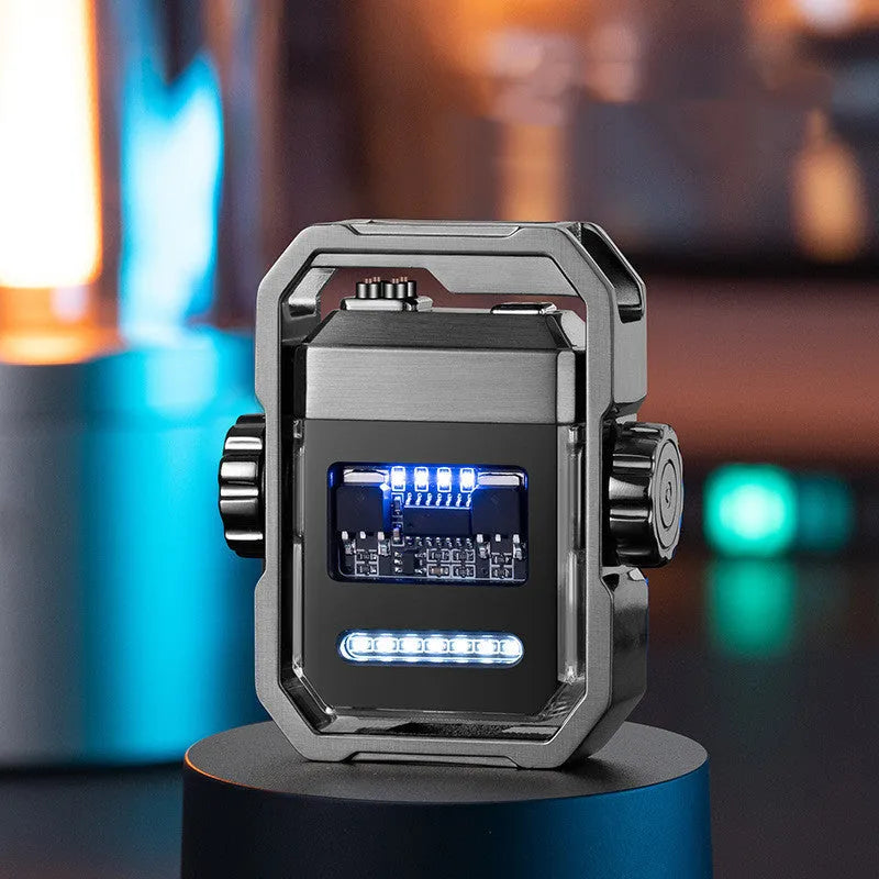 Blue arc lighter with dual plasma flame and mechanical gyroscope, showing folded and extended positions