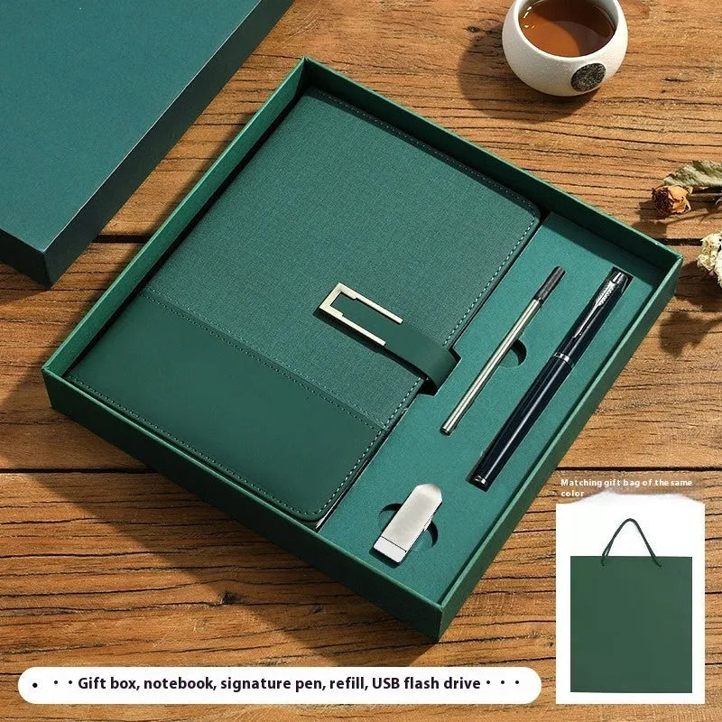 A5 business notebook with PU leather cover in brown, black, green, blue, or red, alongside a luxury gift box.