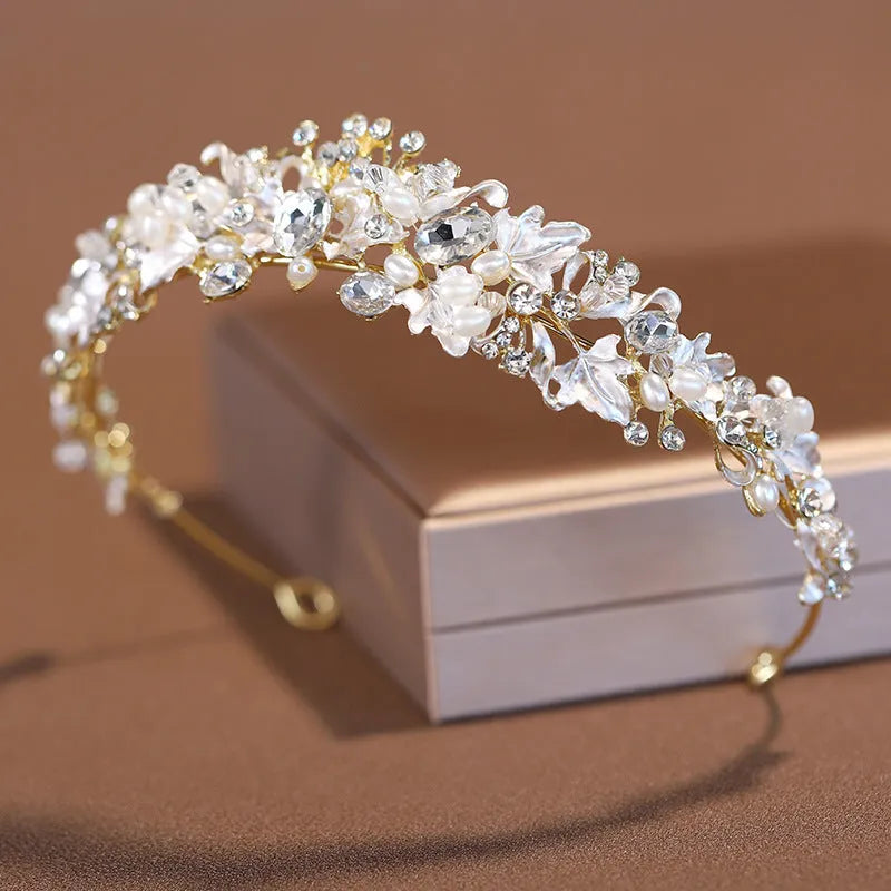 Gold or silver electroplated alloy pearl crown headdress for women's formal events
