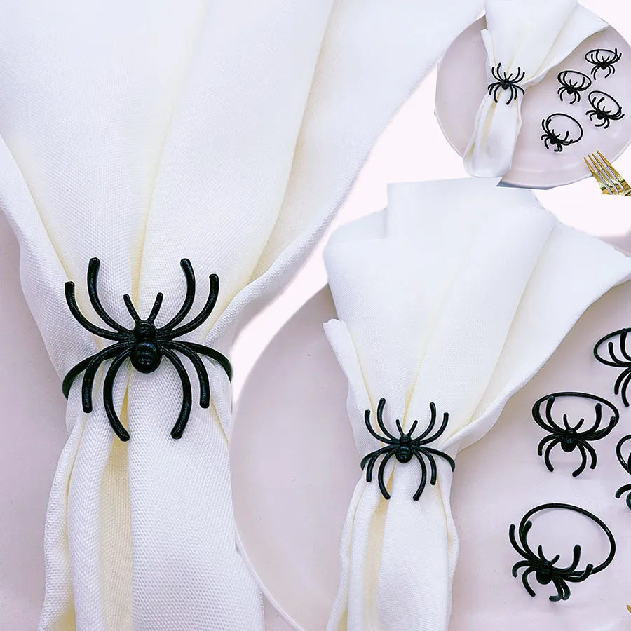 Six black spider-themed alloy napkin rings for Halloween table decorations