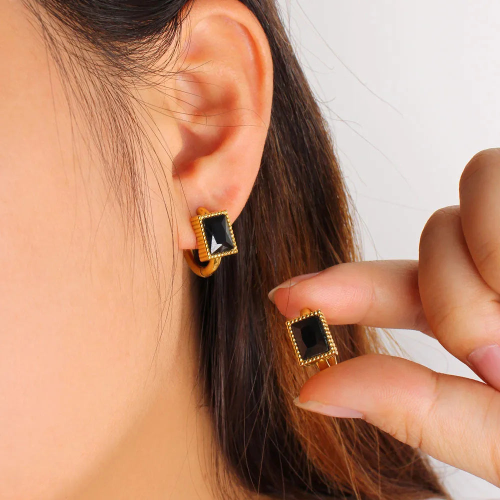 Square zircon stainless steel earrings with geometric design and round ring elements