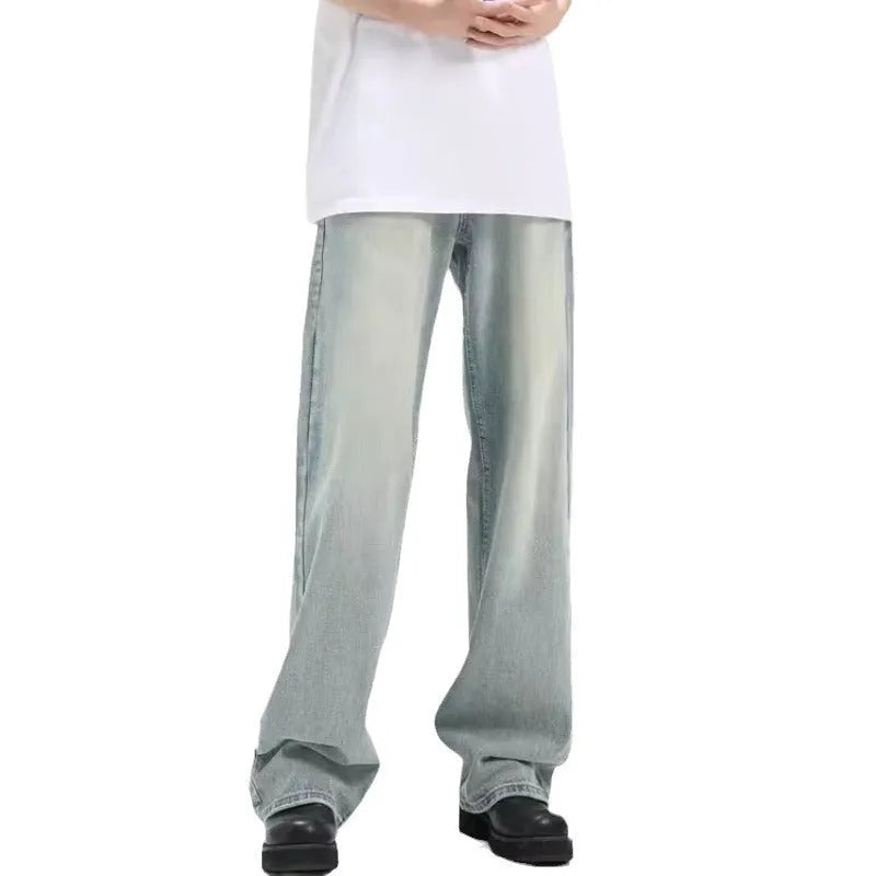 Blue retro trousers with loose fit and rabbit fur fabric composition on size chart