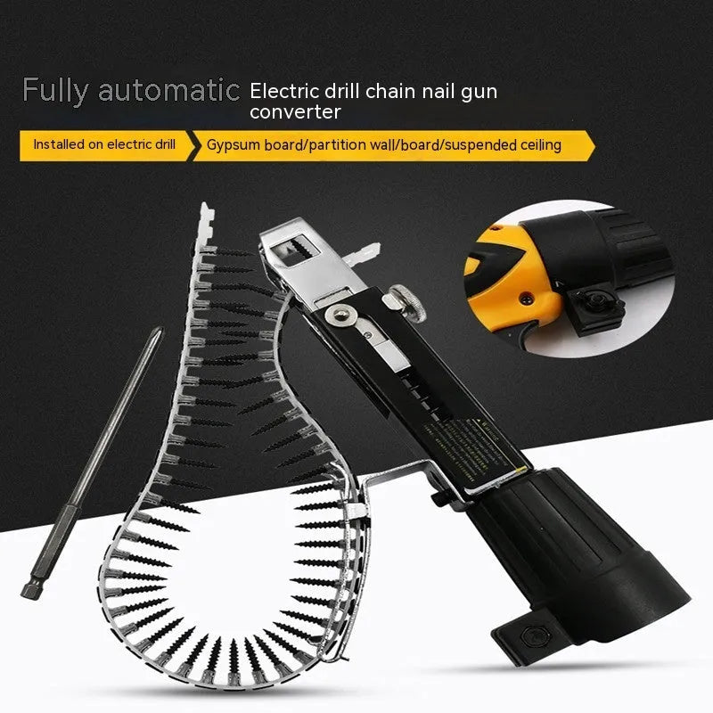 Chain screw gun head electric screwdriver with automatic nail gun function and attachments