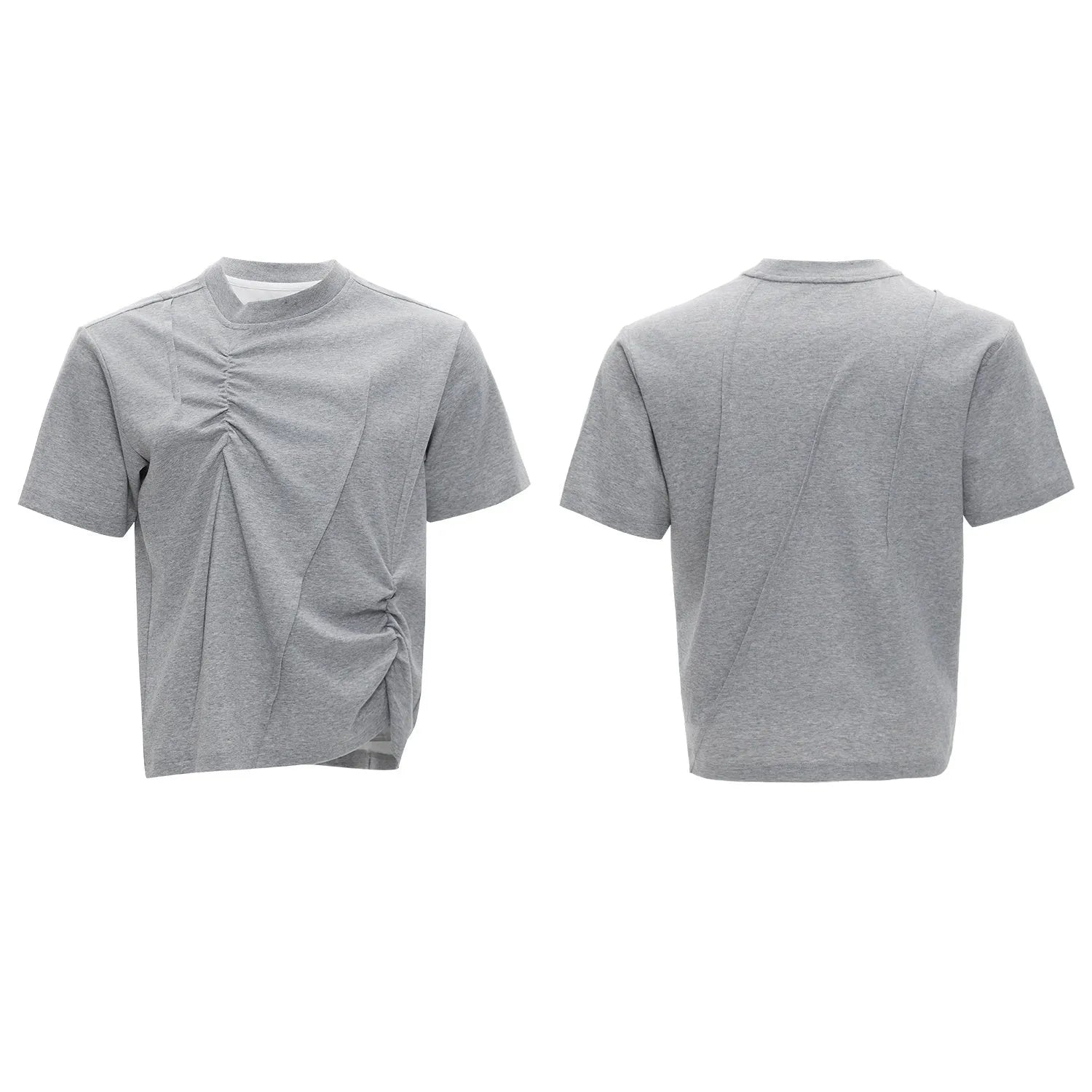 Men's grey cotton T-shirt with loose fit, round neck, and three-dimensional pleated detail on the front.