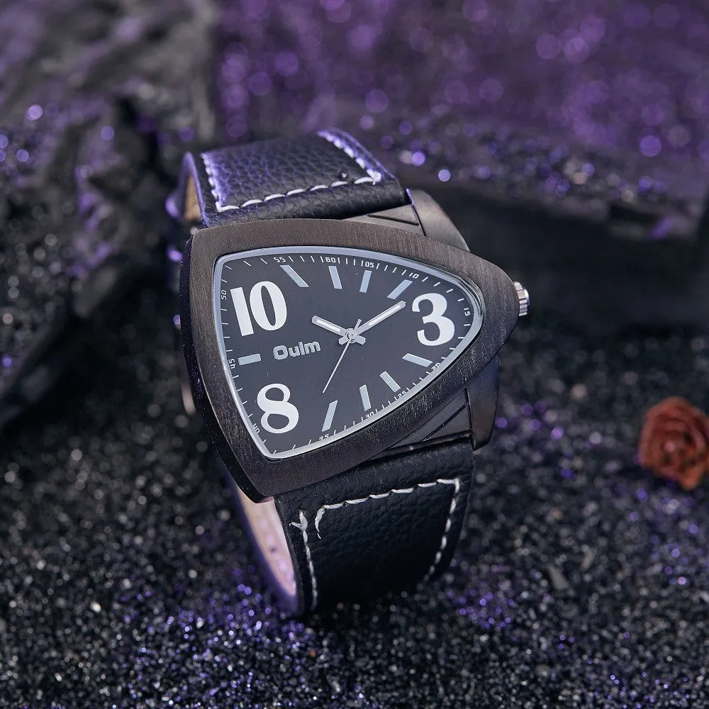 Men's slim casual quartz wristwatch with triangle belt in brown, black, or blue colour.