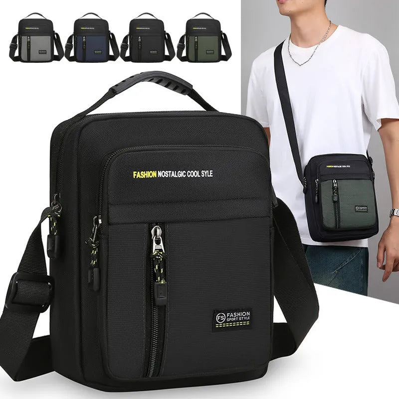 Men's nylon crossbody messenger bag in green colour showing sewing thread detailing