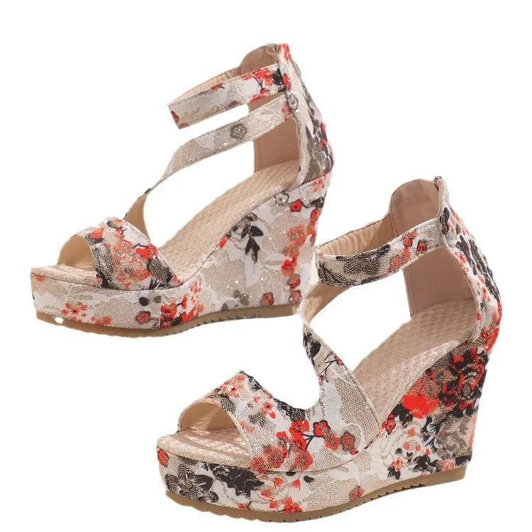 Women's muffin wedge lace up fashion sandals with fish mouth toe in black, side view