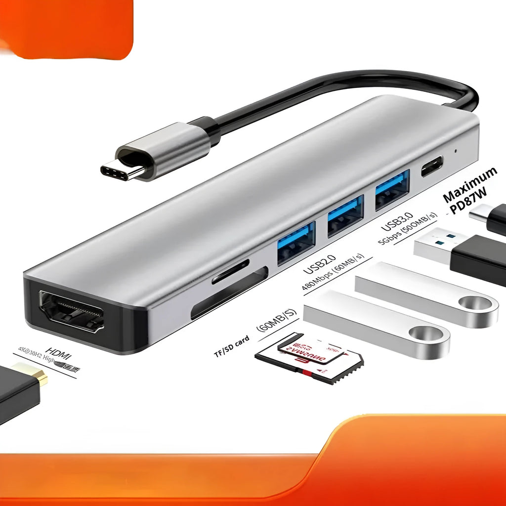 Type-C 7-in-1 expansion dock with HDMI port, USB 3.0 ports, card reader, and a 15 cm cable.