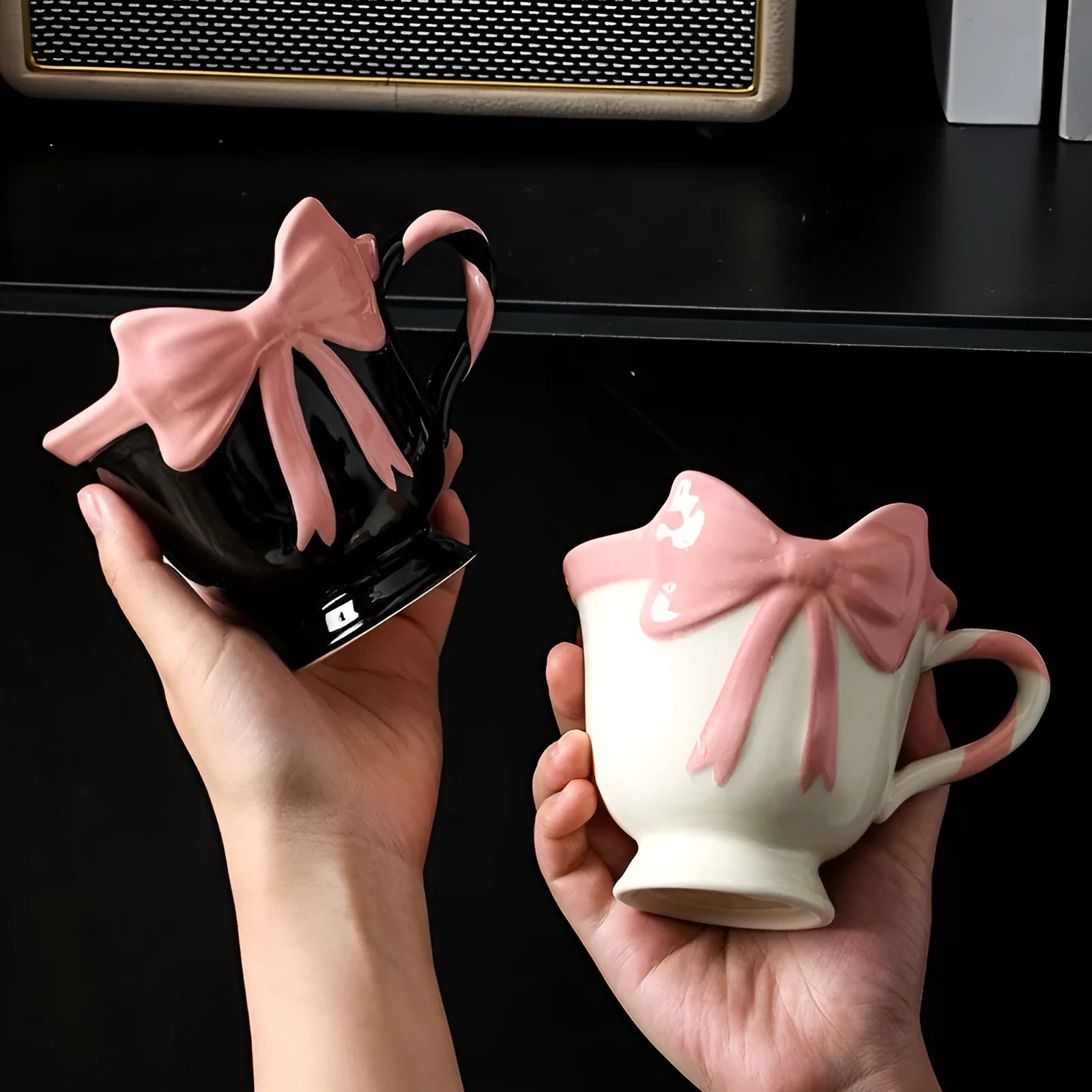 Ceramic mug with girl heart bow design in black pink or white powder colour, 301-400ml capacity