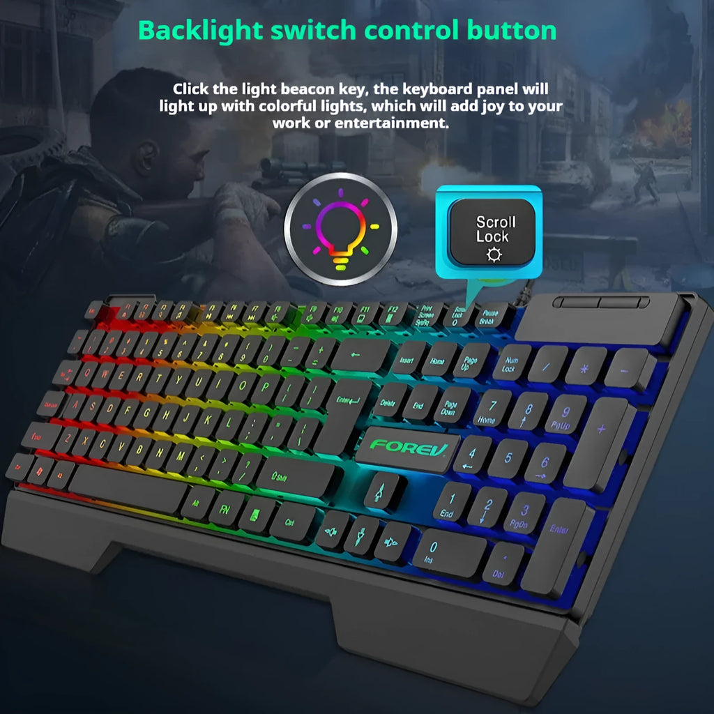 Wired keyboard with six-colour backlit luminous characters on black ABS frame, full-size layout with numeric keypad
