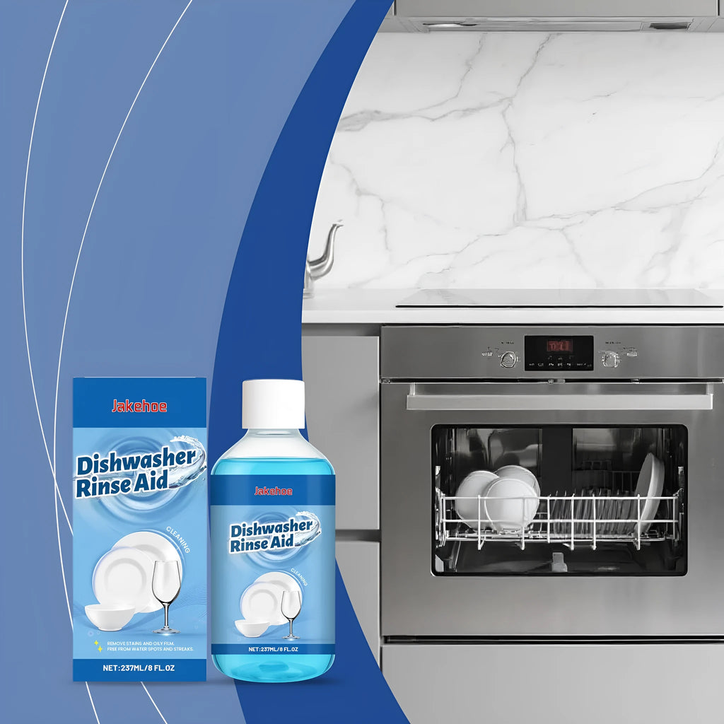 Bottle of 237mL dishwasher detergent aid liquid cleaner for removing oil and stains.
