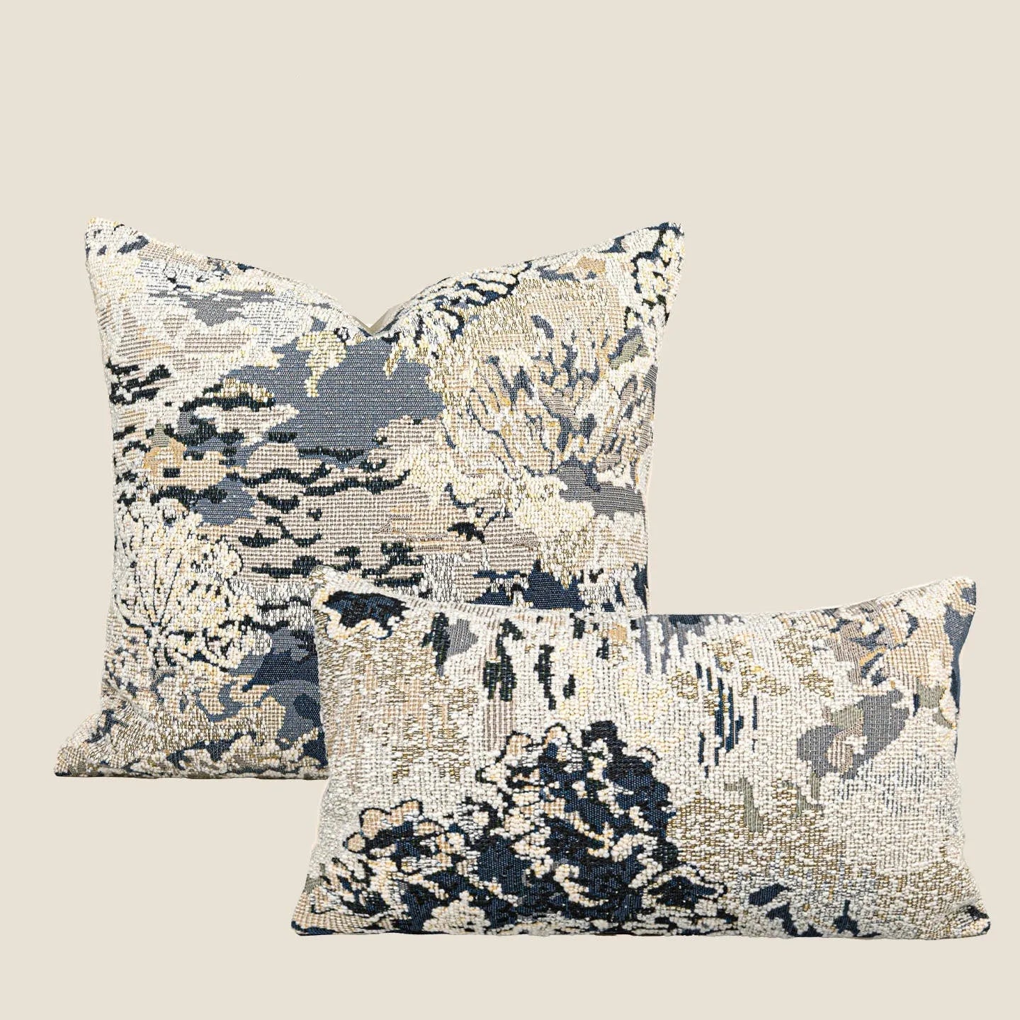 Blue floral pattern decorative pillow with feather velvet fill in wool blend cover.