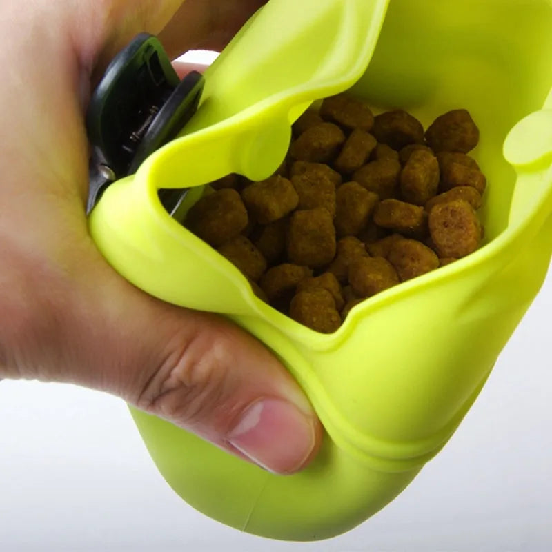 Silicone dog training treat waist bag with clip and magnetic closure in assorted colours.