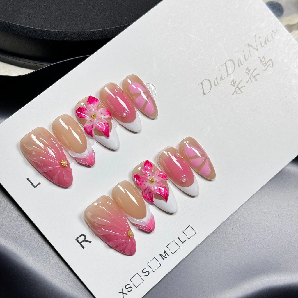 French style plastic manicure practice armour with 3D lily and ice flower design in almond shape.