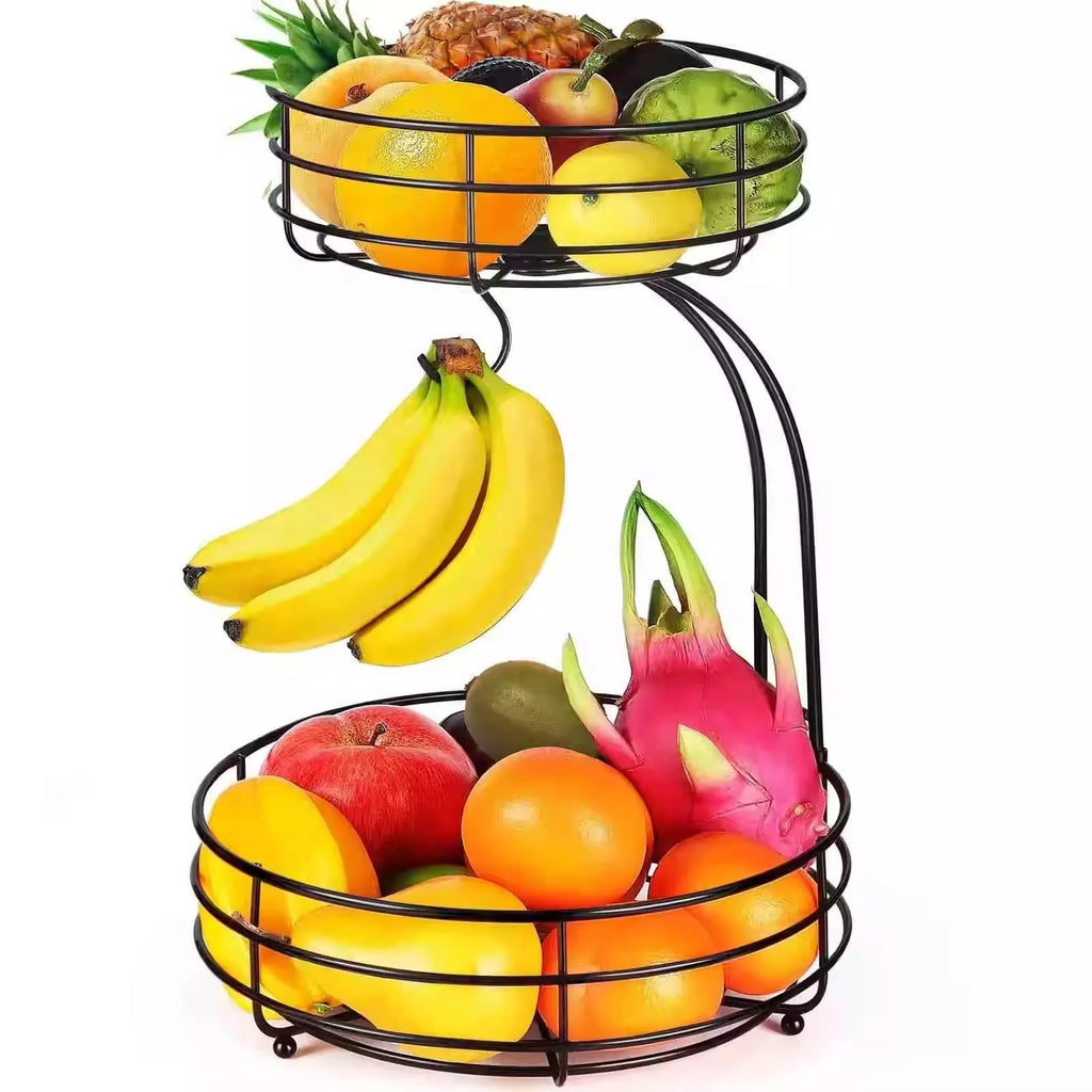Black wrought iron double-layer fruit basket with open wire sides for storing fruits and vegetables.