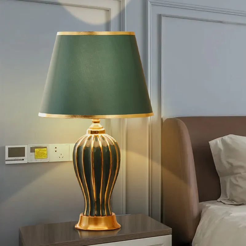 Ceramic table lamp in simple modern style with green diamond pattern and gold edge, bedside lighting use