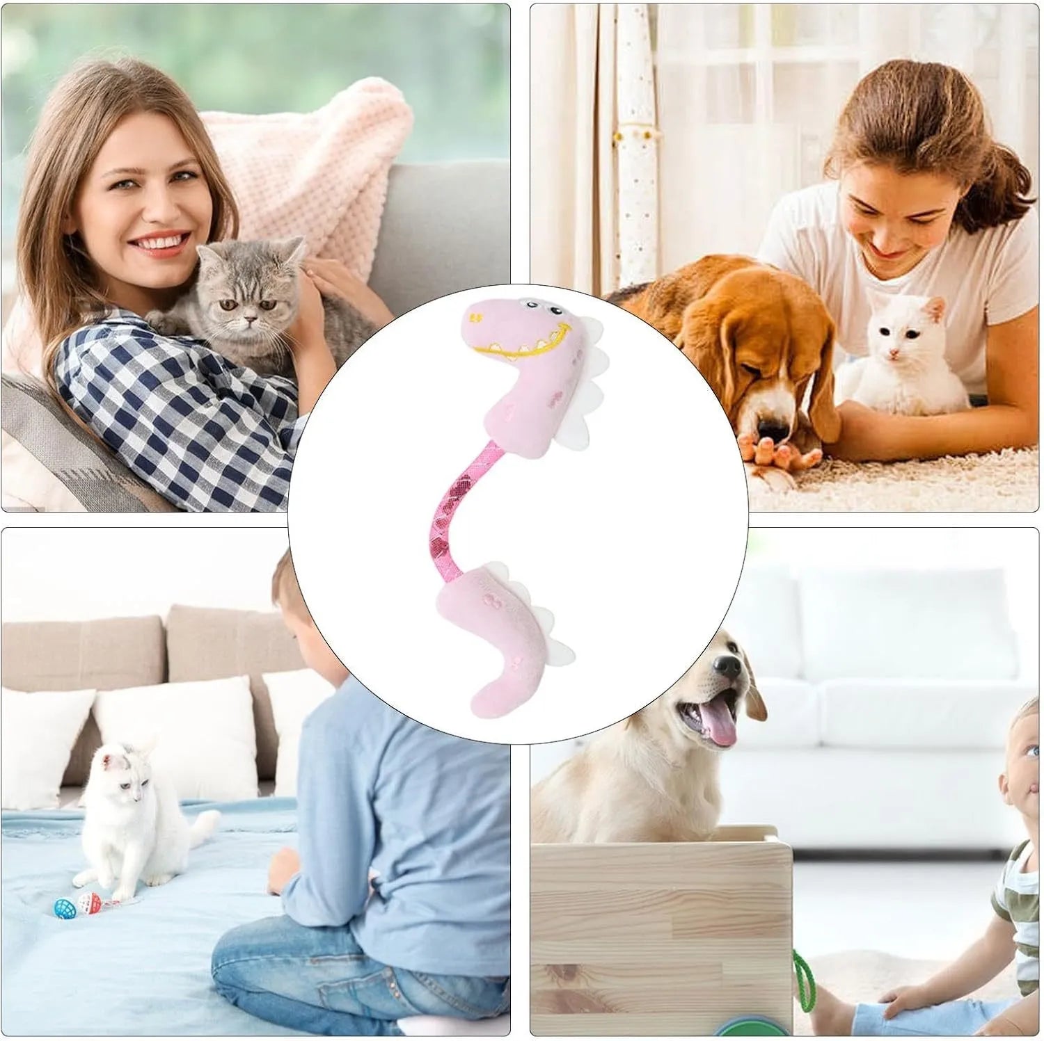 Set of four cat toys including plush chew toys, catnip rope, springs, and kicker toy on floor