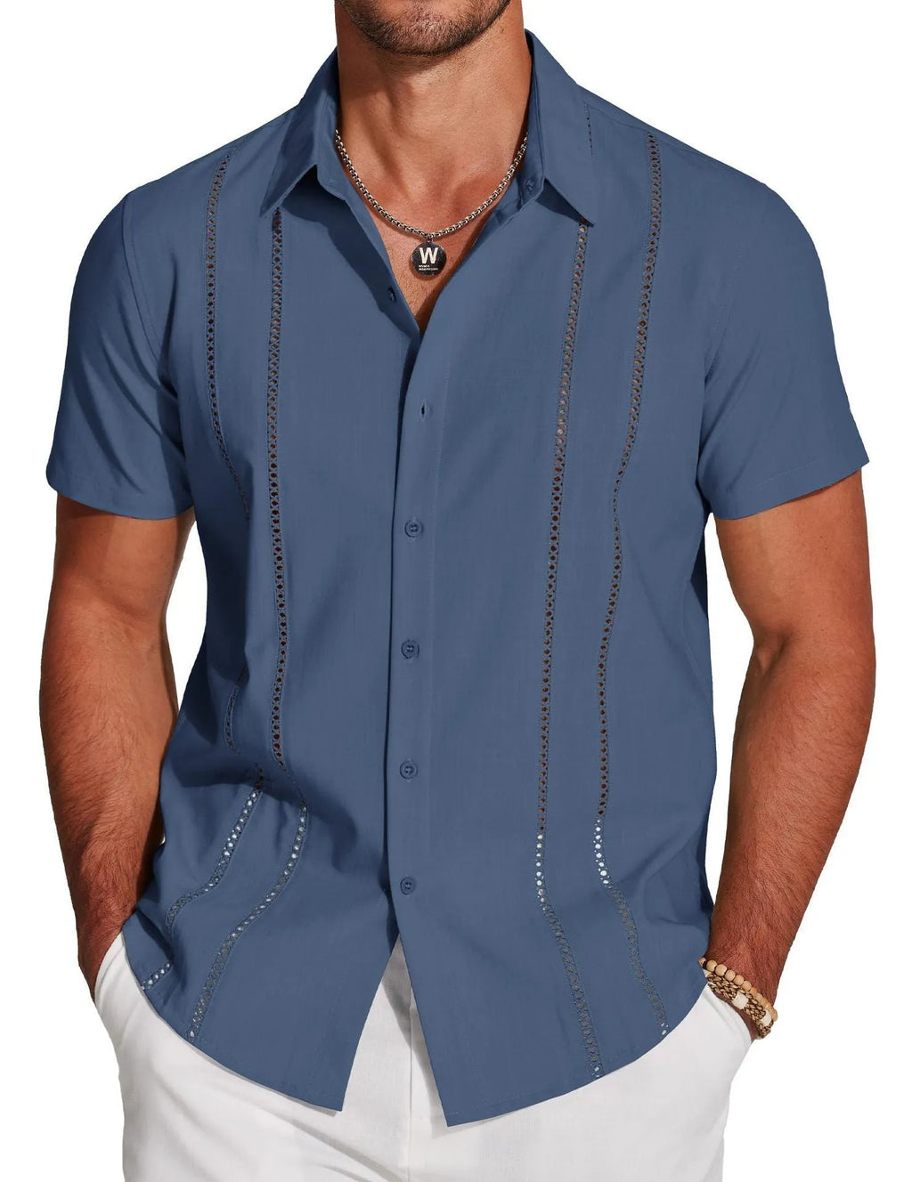 Men's slim fit short sleeve Hawaiian shirt with printed pattern in stretch polyester fabric.