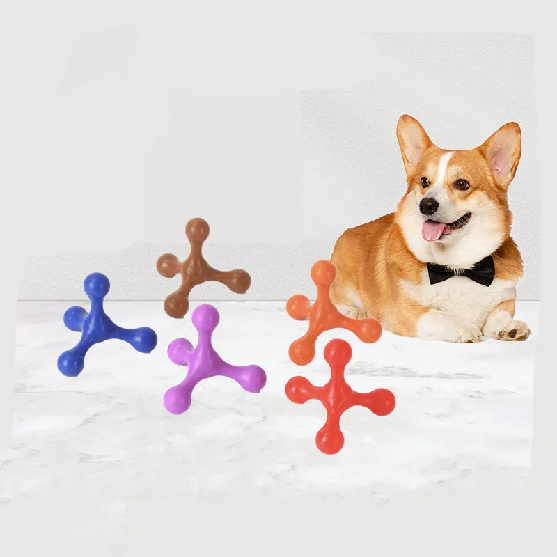 Blue three-legged silicone bone chew toy for small and medium dogs on a plain background.