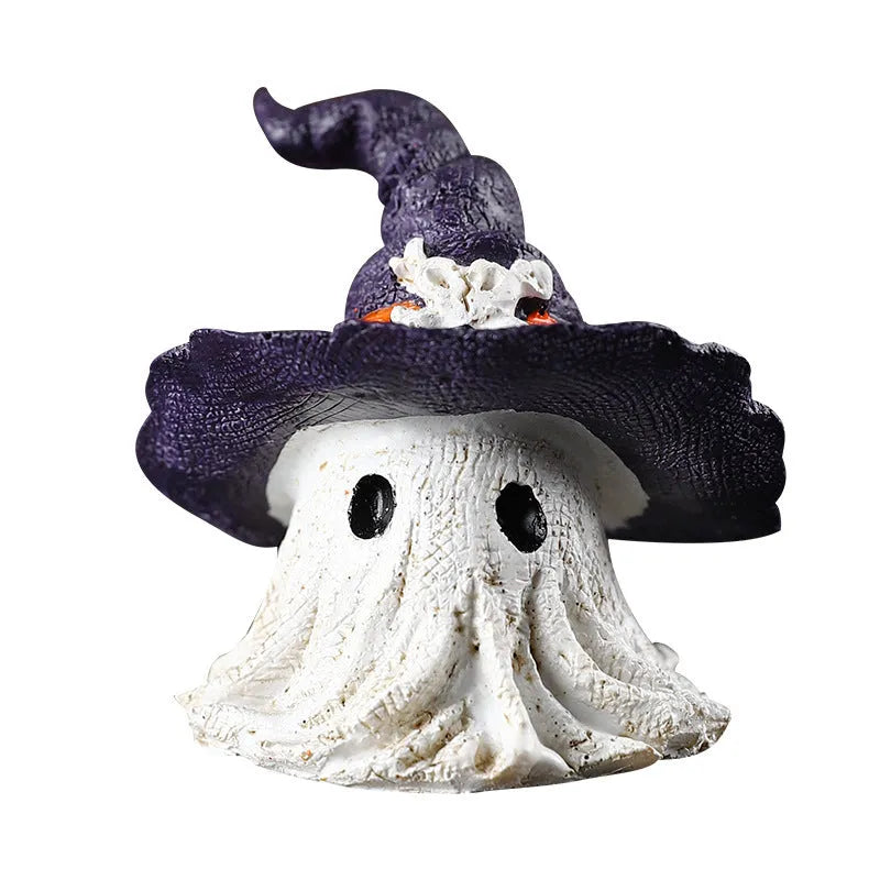 Small resin wizard hat ghost ornament in black or purple for holiday decoration.