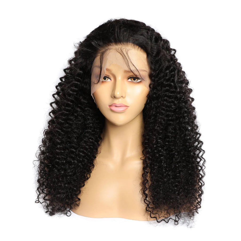 Curly real human hair lace front wig on a mannequin head, showing hand-woven base.