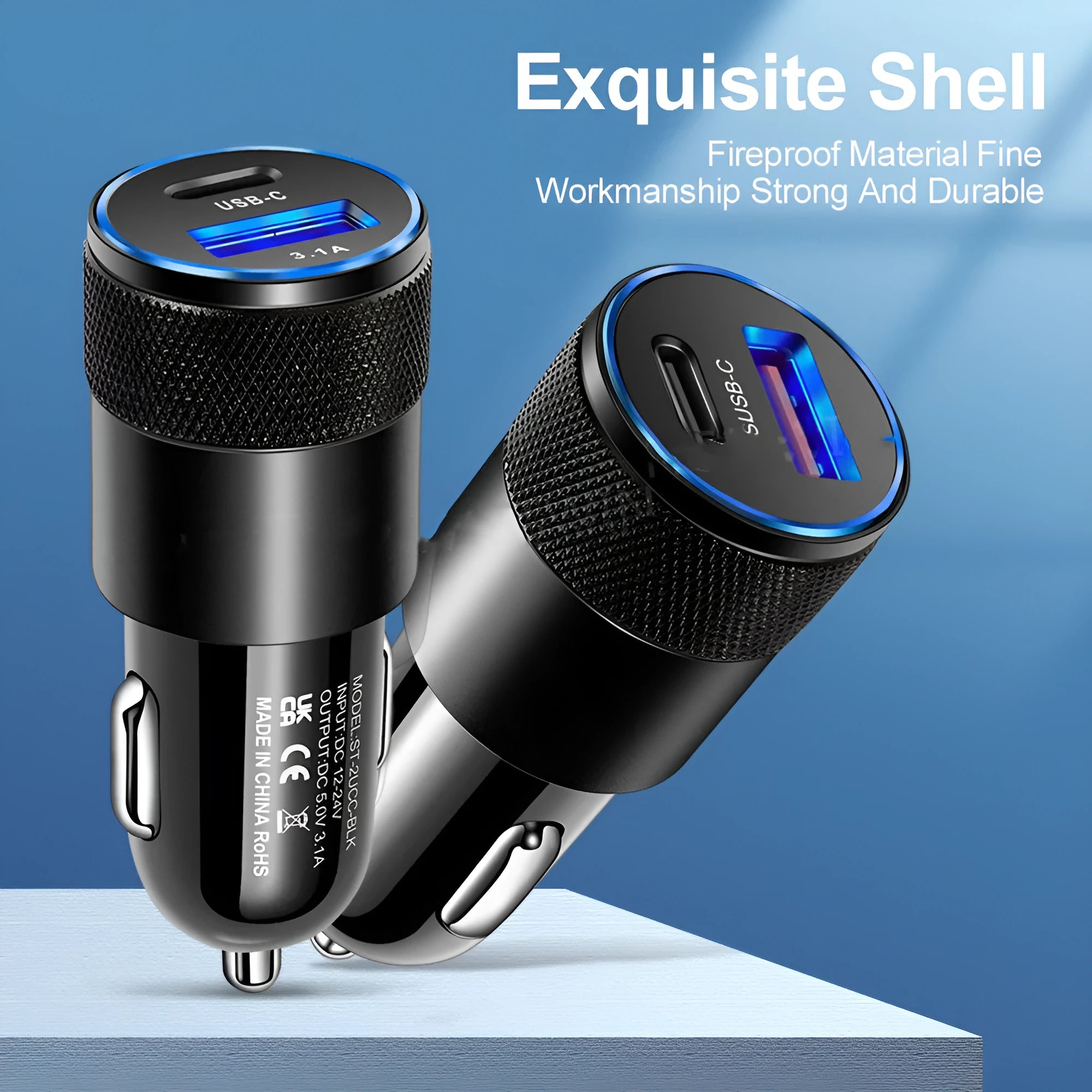Aluminium alloy mobile phone car charger in black or black silver finish showing 2.5cm x 6cm dimensions