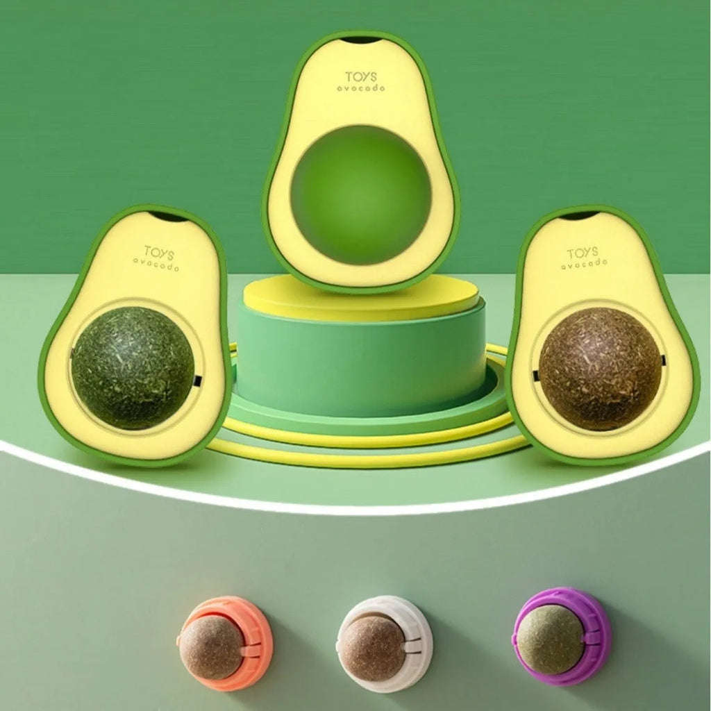 Plastic cat toy with textured dental cleaning surface and catnip ball in multiple colour options