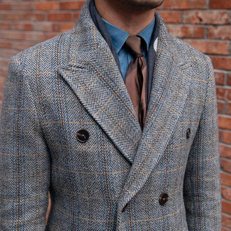 Grey wool plaid polo coat with notched lapel, single-breasted front, long sleeves, front view