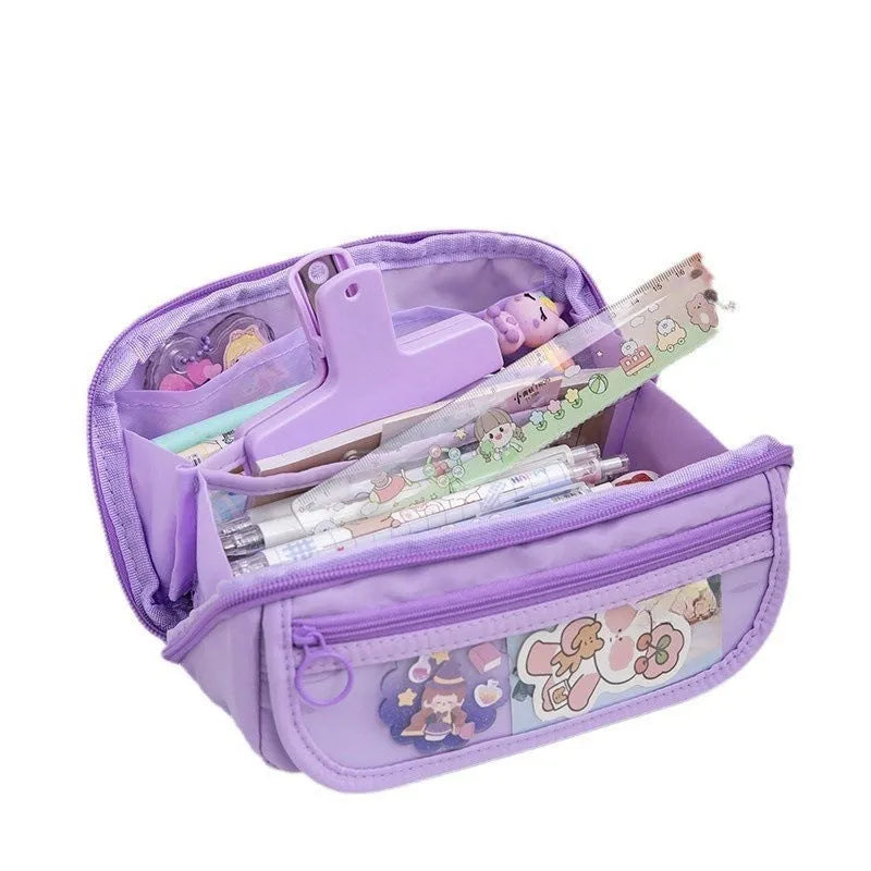 Korean style canvas pencil case with ten-layer flip design in multiple colour options.