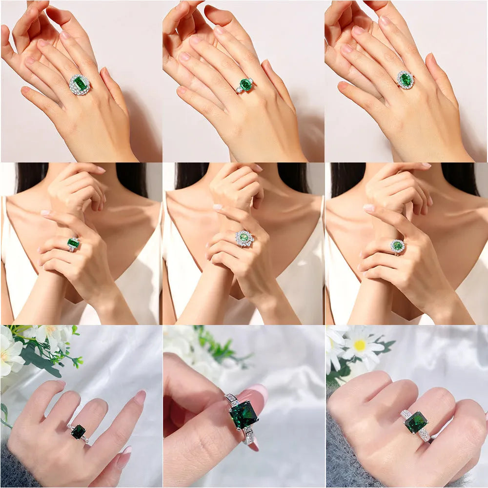 Women's S925 silver emerald ring with palaibahao inlaid high carbon diamond design in geometric shape