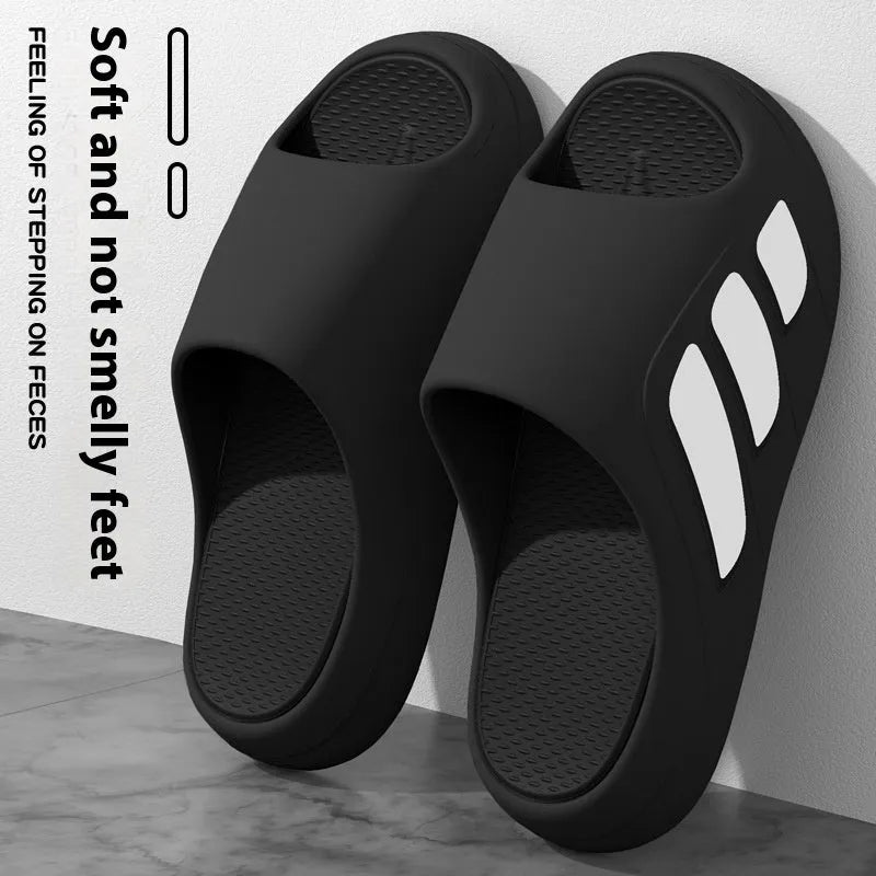 Brown and two-tone EVA platform flip flop slippers for indoor home use with letter detailing