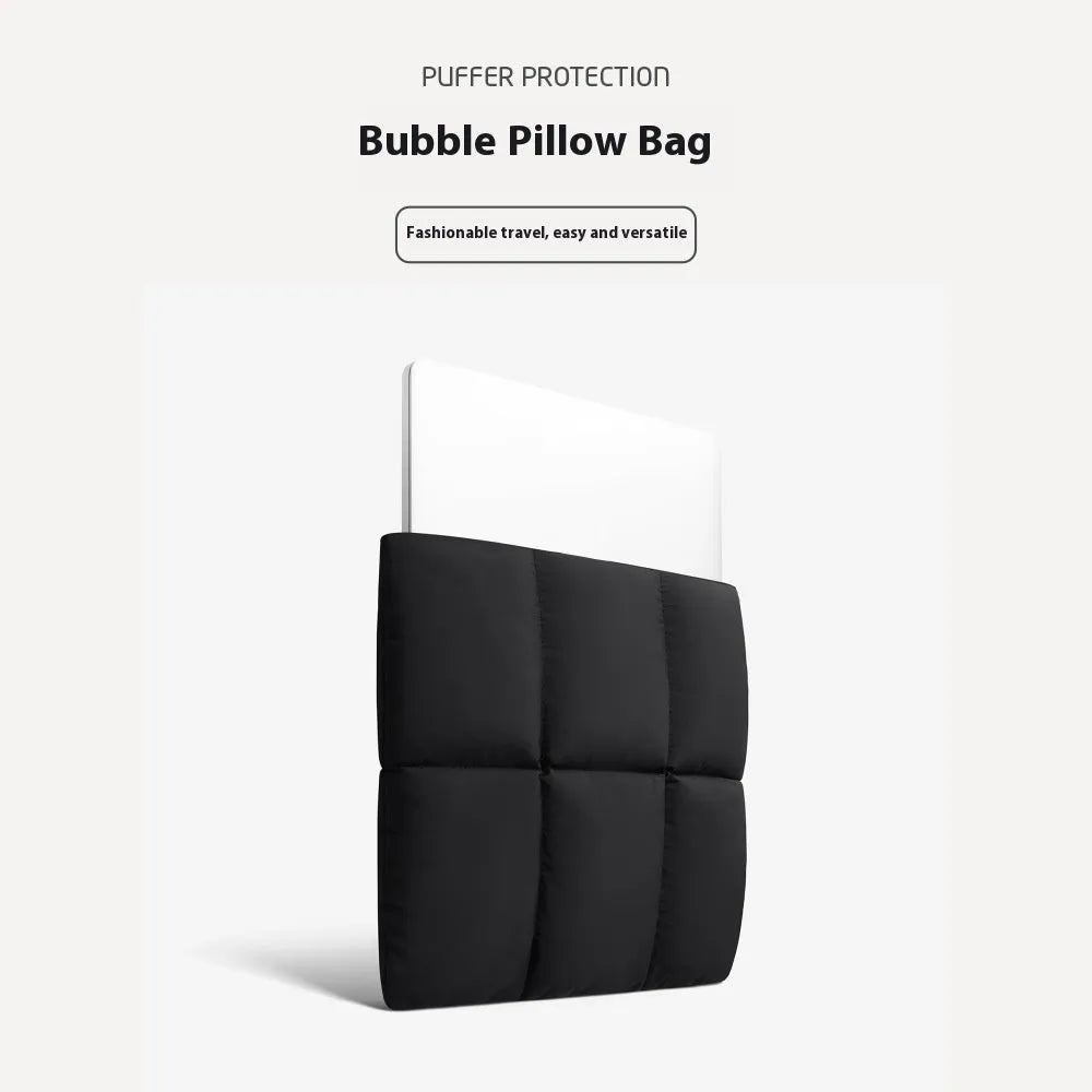 Soft fluffy black polyester laptop sleeve for 13 to 15.6 inch laptops with sewing thread details.