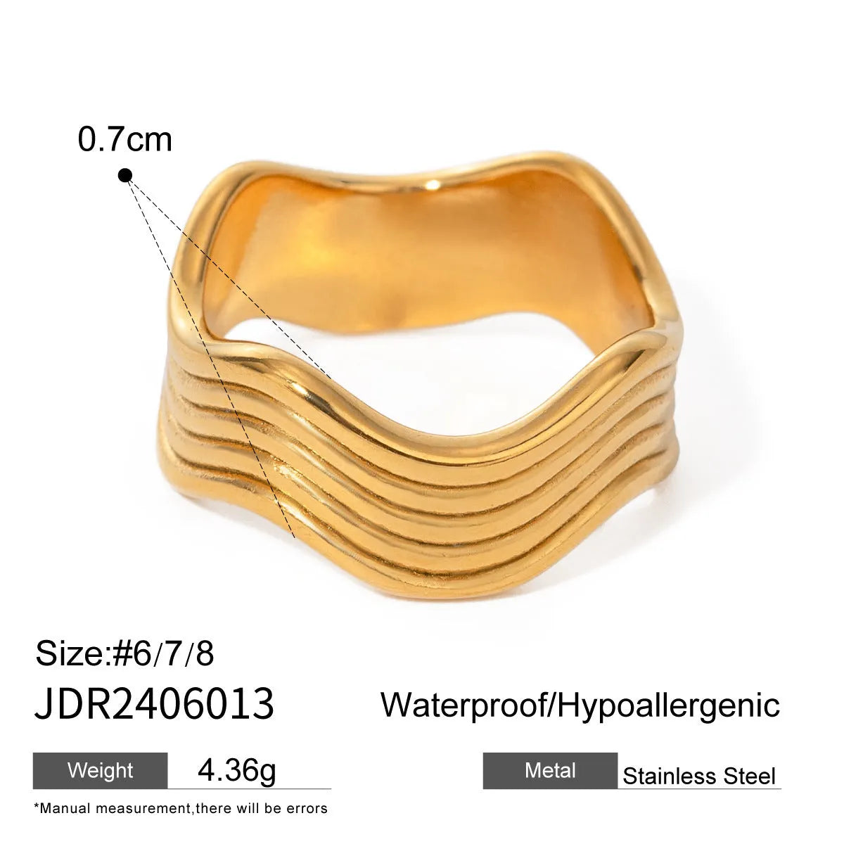 Stainless steel geometric wave ring with wide surface and electroplated finish