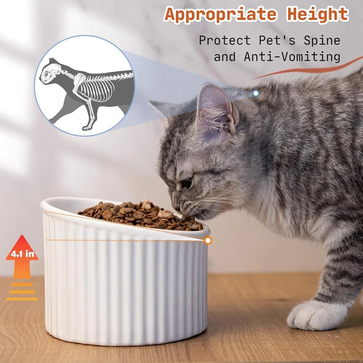Ceramic elevated cat bowl in green, tilted design for anti-vomit, whisker-friendly feeding.