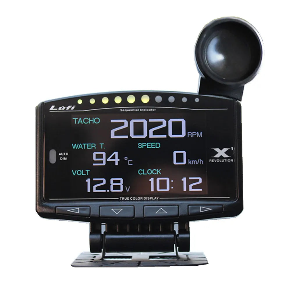 X1 Automotive OBD diagnostic instrument with LED display and metal casing.