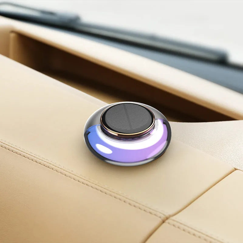 Round solar car fragrance in grey with rotating motor, diameter 77mm, height 31mm