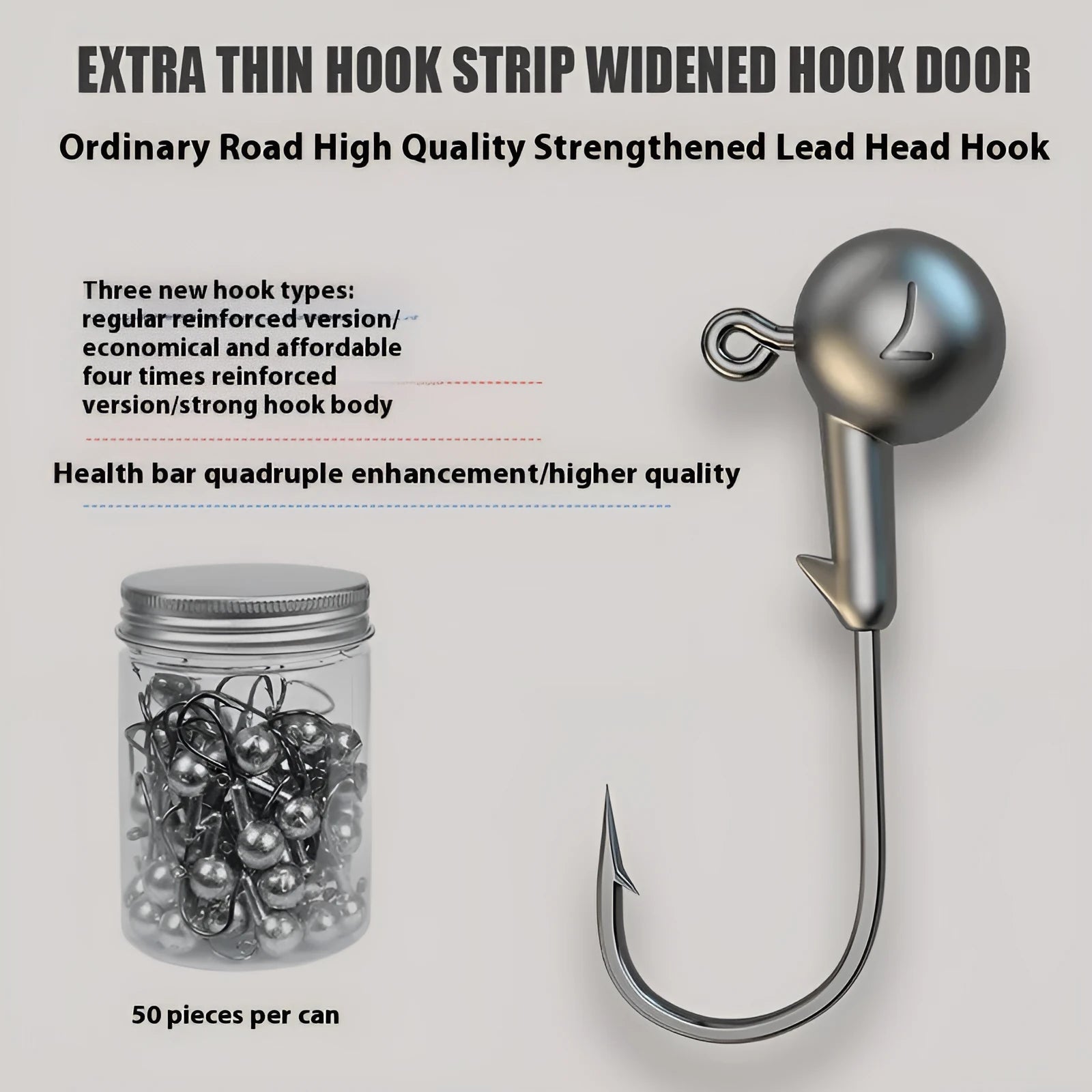Set of 50 reinforced steel jig hooks with lead-headed design and primary colour finish